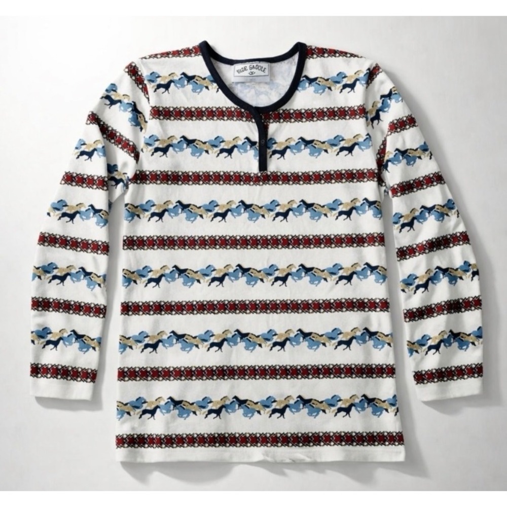 Side Saddle Vintage Horse Print Henley Cotton Top Western Boho Retro Ranch-S